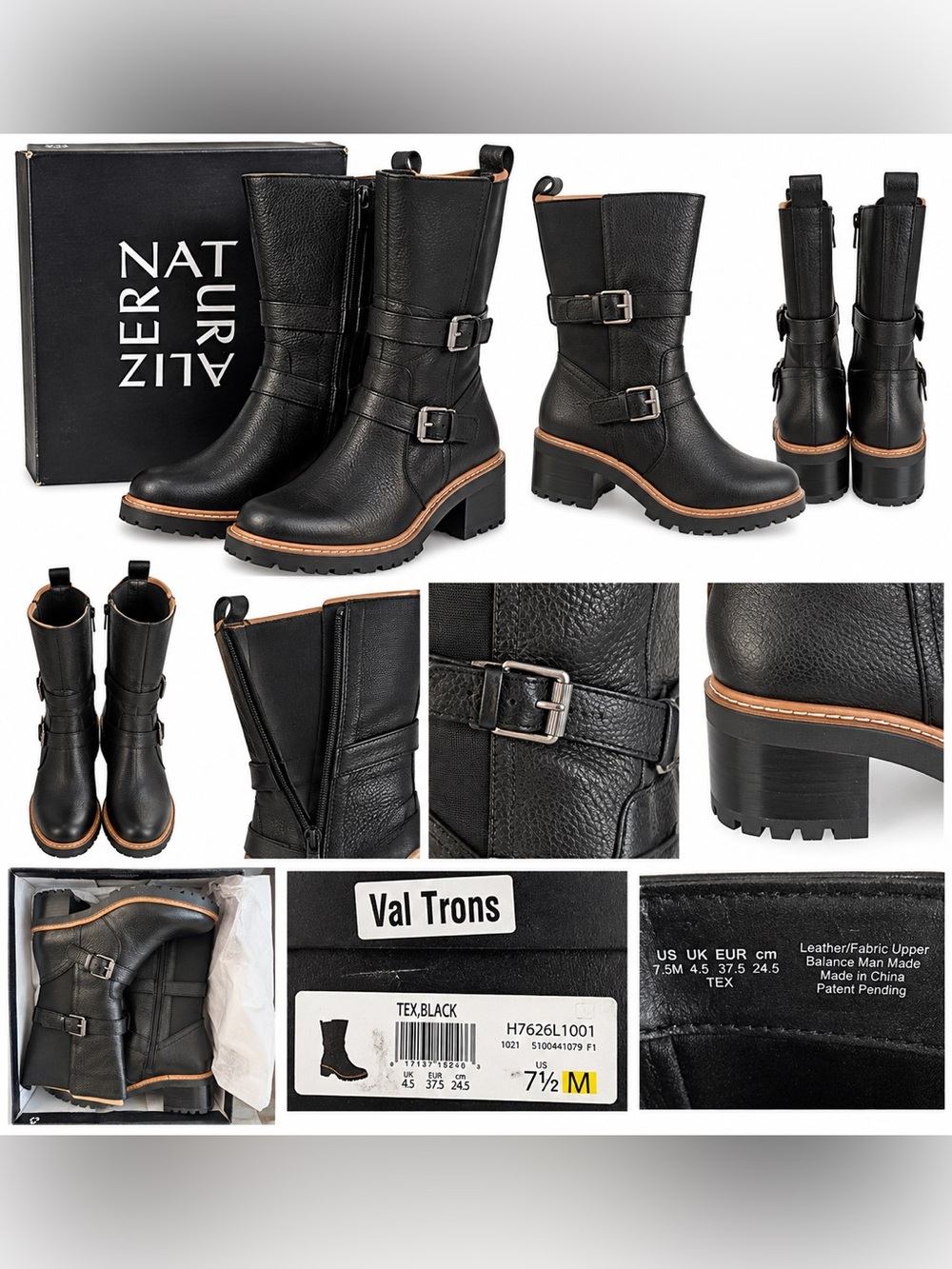 Naturalizer Black Leather Mid-Calf Buckle Heeled Boots